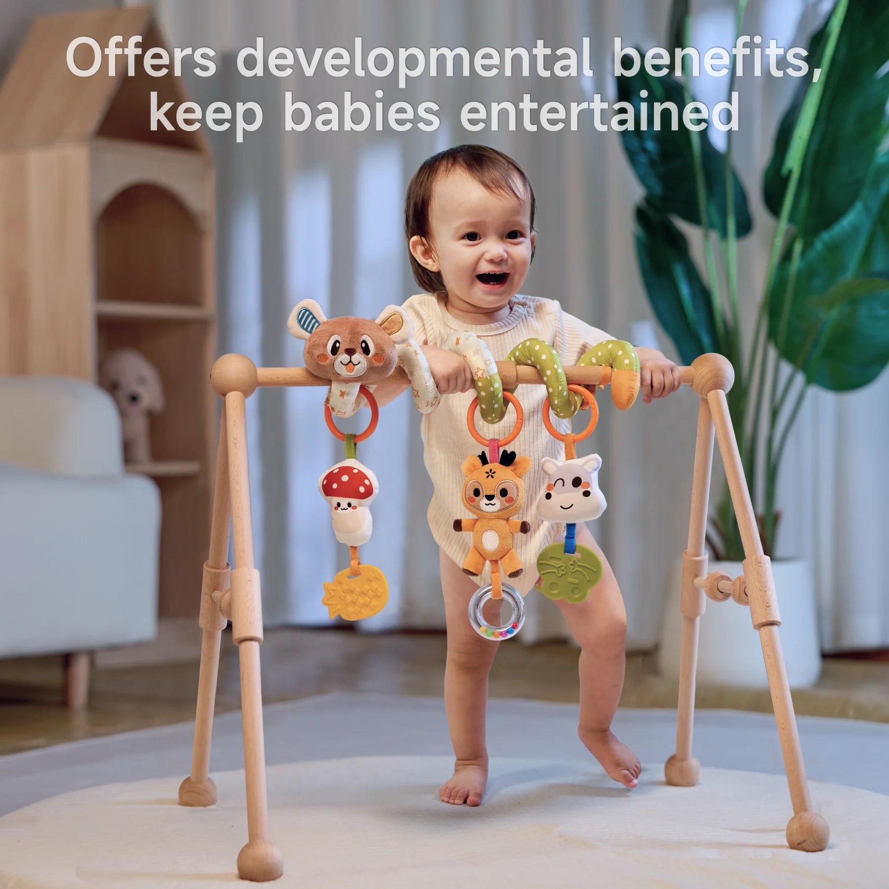Bear Spiral Activity Toy – Sensory Development Hanging Toys is mounted on a baby gym