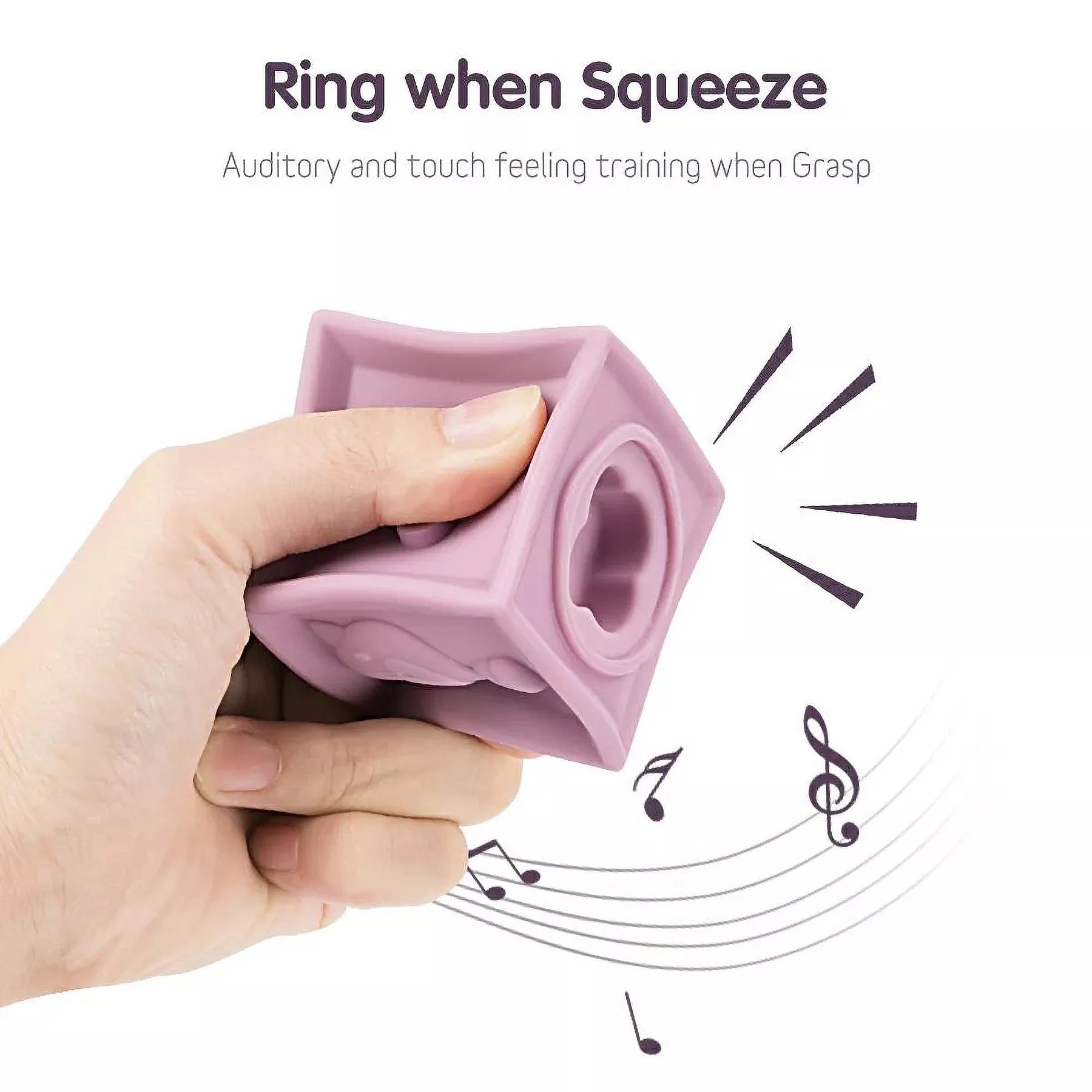 Teether toy featuring soft textures and squeeze cube for baby