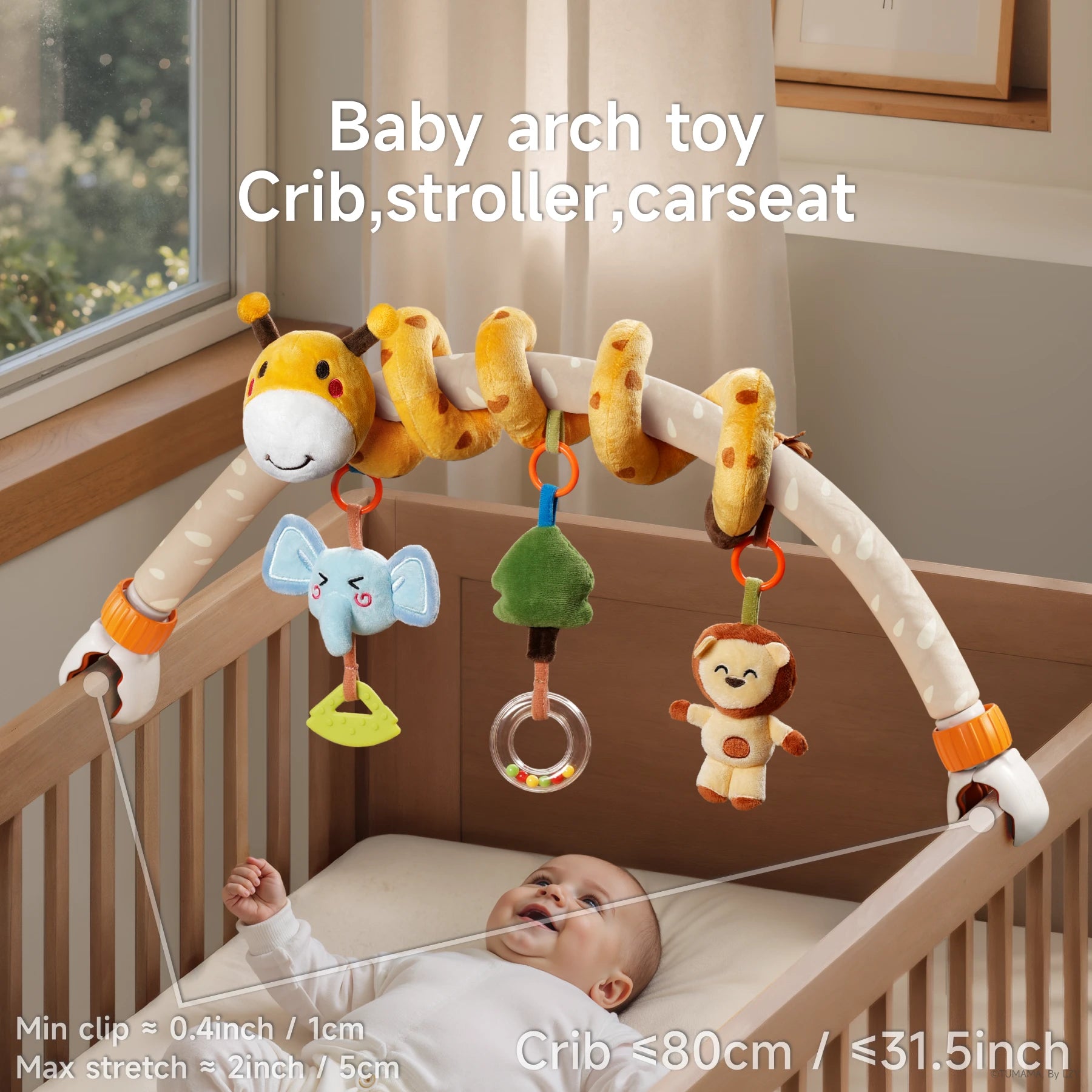 A baby enjoys staring and reaching for a colorful baby arch toy attached to a crib. The arch features a plush giraffe, an elephant, a tree, and a smiling monkey, all designed to engage and entertain. Clips securely hold the arch in place, making it perfect for cribs, strollers, and car seats.