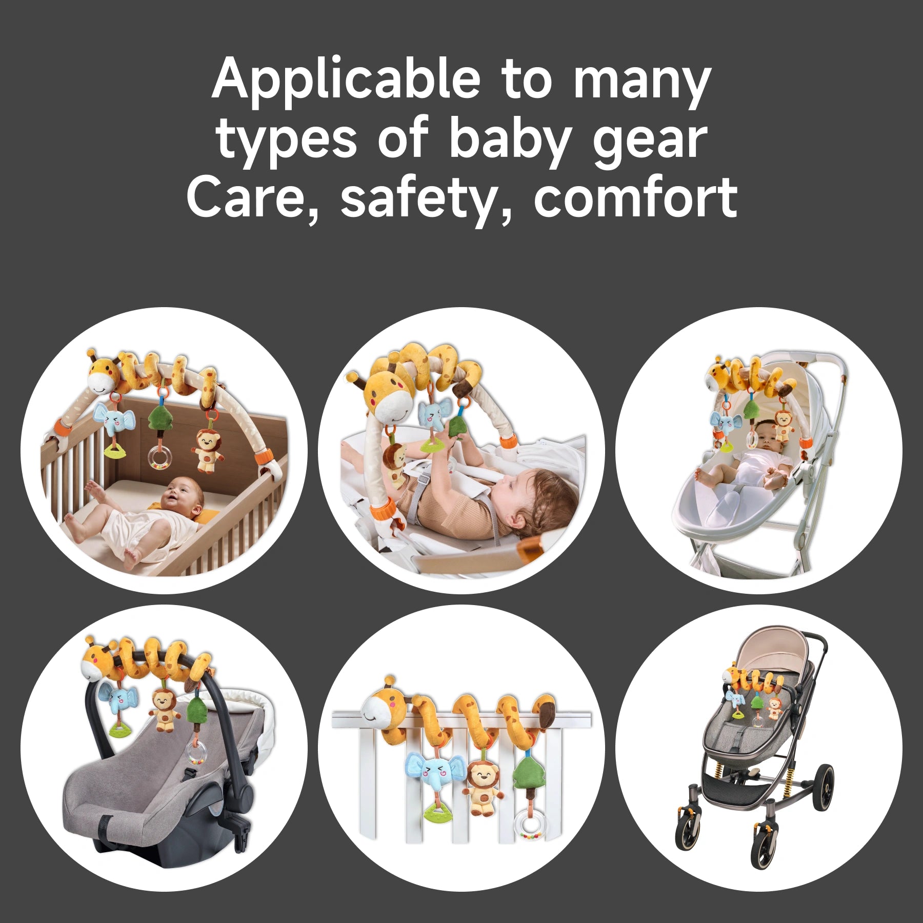 Collage of a versatile baby arch toy attached to different baby gear, including a crib, car seat, bouncer, and stroller. The arch features plush animals, rattles, and textured elements, showcasing its adaptability and interactive features for babies. Perfect for travel and playtime at home.