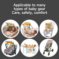 Collage of a versatile baby arch toy attached to different baby gear, including a crib, car seat, bouncer, and stroller. The arch features plush animals, rattles, and textured elements, showcasing its adaptability and interactive features for babies. Perfect for travel and playtime at home.
