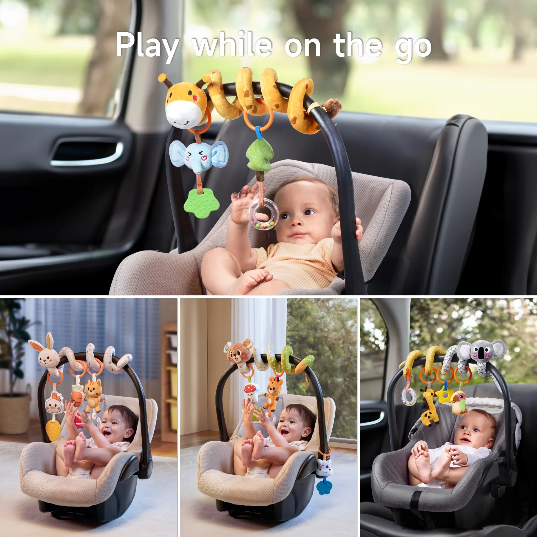 Collage of babies playing with spiral toys wrapped around car seat handles. Each toy features colorful plush animals, rattles, and textured elements, offering sensory stimulation and fun during travel. Perfect for keeping babies happy and entertained on the go.