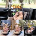 Collage of babies playing with spiral toys wrapped around car seat handles. Each toy features colorful plush animals, rattles, and textured elements, offering sensory stimulation and fun during travel. Perfect for keeping babies happy and entertained on the go.