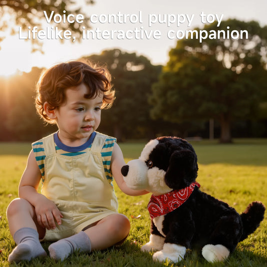 A young child sitting on the grass interacting with a realistic voice-controlled toy dog wearing a red bandana, during a sunny afternoon in the park.
