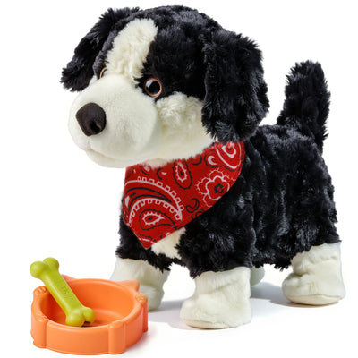 Voice-controlled realistic toy dog wearing a red bandana, standing beside an orange dog bowl with a green bone.