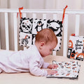 baby-plays-with-black-and-white-soft-books-in-crib