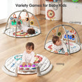 Baby play mat activity gym with multiple play modes showing babies lying, sitting, and climbing while interacting with hanging rattles and a musical keyboard.